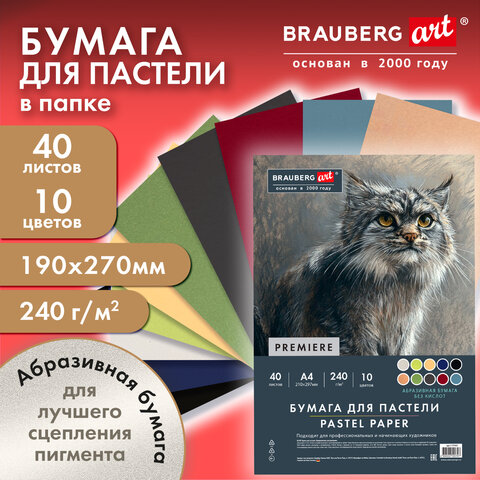 Бумага для пастели АБРАЗИВНАЯ А4, 190х270 мм, в коробке, 40 листов, 10 цветов, 240 г/м2, BRAUBERG ART, 117767