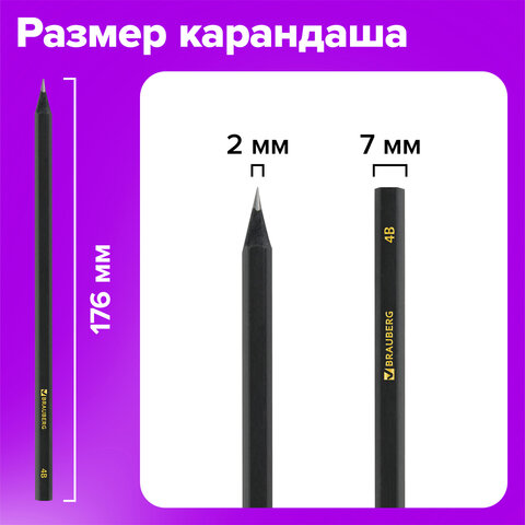 Карандаши чернографитные BRAUBERG НАБОР 12 шт., "Black Jack", 2Н-4В, без резинки, черные, дерево, заточенные, 180620