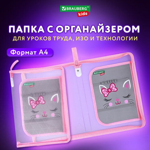 Папка для труда на молнии BRAUBERG KIDS А4, 1 отделение, прозрачная, органайзер, "Tiny cutie", 273397