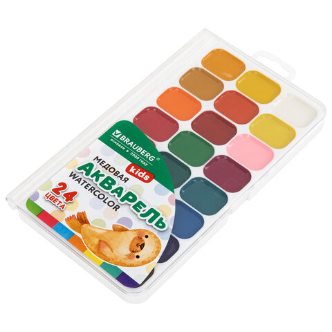Краски акварельные BRAUBERG KIDS NEW, медовые, 24 цвета, квадратные кюветы, пластиковый пенал с европодвесом, 192797