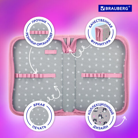 Пенал BRAUBERG, 1 отделение, полиэстер, 21х14 см, "Cat patches", 272327
