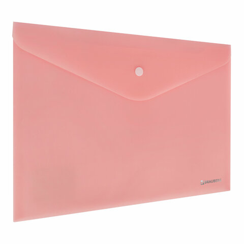 Папка-конверт с кнопкой BRAUBERG "Pastel", А4, матовая непрозрачная, персиковая, ПРОЧНАЯ 0,2 мм, 272882