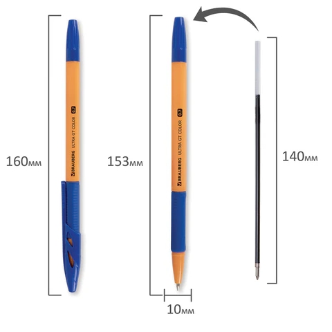 Ручка шариковая с грипом BRAUBERG "ULTRA GT COLOR", СИНЯЯ, корпус ассорти, линия 0,35 мм, 144055