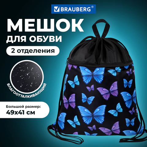 Мешок для обуви BRAUBERG БОЛЬШОЙ, с ручкой, карман на молнии, сетка, 49х41 см, "Fly aways", 272402