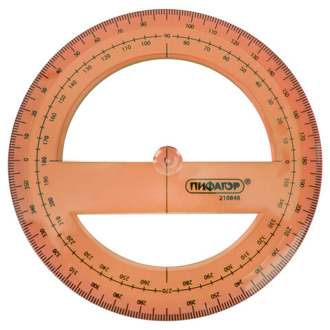 Транспортир пластиковый 10 см, 360 градусов, ПИФАГОР, прозрачный, неоновый, ассорти, 210848