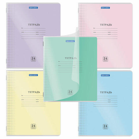Тетрадь обложка пластик (прозрачный) 24 л., клетка, BRAUBERG "Smart Cover", АССОРТИ (в спайке), 405036