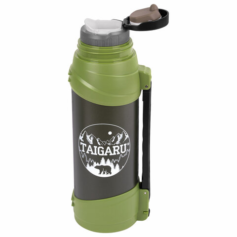 Термос классический, нержавеющая сталь, 2 л, черно-оливковый, 2 кружки, ручка + ремешок, TAIGARU (ТАЙГАРУ), 608816