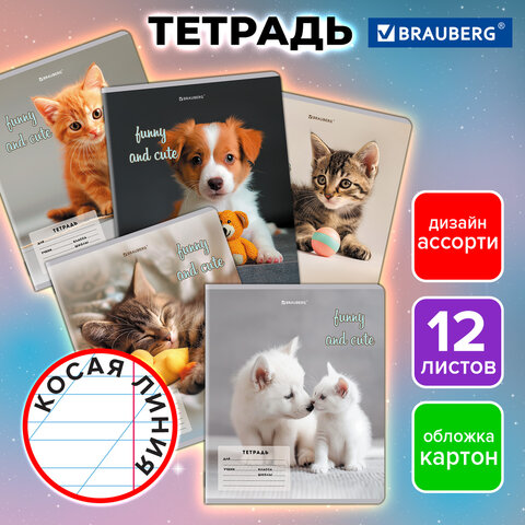 Тетрадь 12 л. BRAUBERG косая линия, обложка картон, CATS AND DOGS, 107288