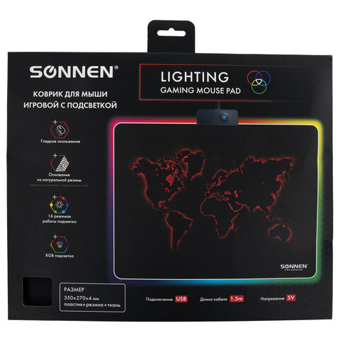 Коврик для мыши SONNEN "LIGHTING", резина+ткань, 350х270х4 мм, чёрный, 513316