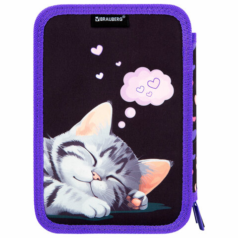 Пенал BRAUBERG, 3 отделения, полиэстер, 21х14 см, "Sleeping kitten", 273538