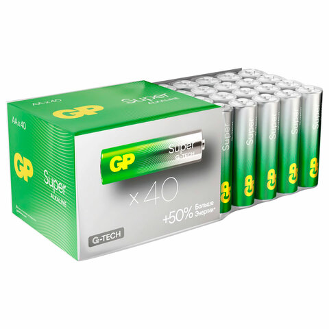 Батарейки КОМПЛЕКТ 40 шт., GP Super G-Tech, AA (LR6,15А), алкалиновые, пальчиковые, 15A-2CRVS40, GP 15A-2CRVS40