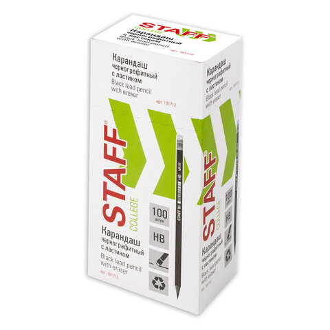 Карандаш чернографитный STAFF "College" BLP-712, 1 шт., НВ, с ластиком, пластик, корпус черный, 181712