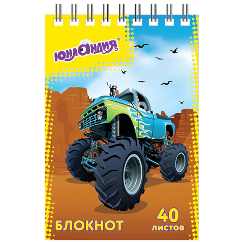 Блокнот МАЛЫЙ ФОРМАТ А7, 75х105 мм, 40 л., гребень, картон, клетка, ЮНЛАНДИЯ, "Монстр-трак" / "Футбол", 129859