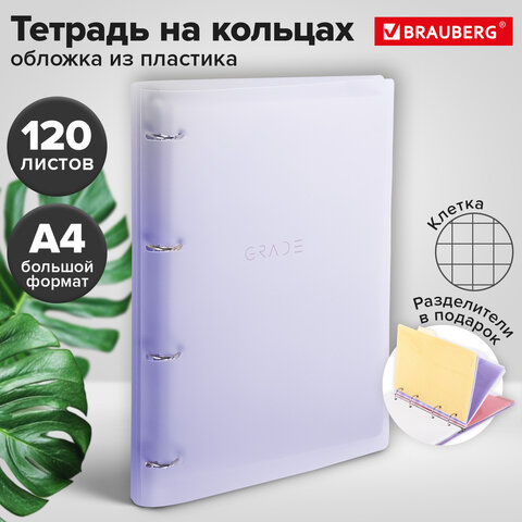 Тетрадь на кольцах БОЛЬШАЯ 305х235 мм А4, 120 л., пластик, с разделителями, BRAUBERG, Фиолетовый, 404623