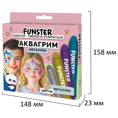 Аквагрим для лица и тела, 6 цветов МЕТАЛЛИК, FUNSTER (ФАНСТЕР), легко смываются, 192574