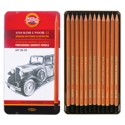 Карандаши чернографитные KOH-I-NOOR, НАБОР 12 шт., "Art", 8В-2H, без резинки, металлическая коробка, 1512N12001PL