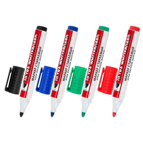 Маркеры стираемые для белой доски, НАБОР 4 ЦВЕТА, BRAUBERG "ULTRA WHITEBOARD MARKER", 3 мм, 152635