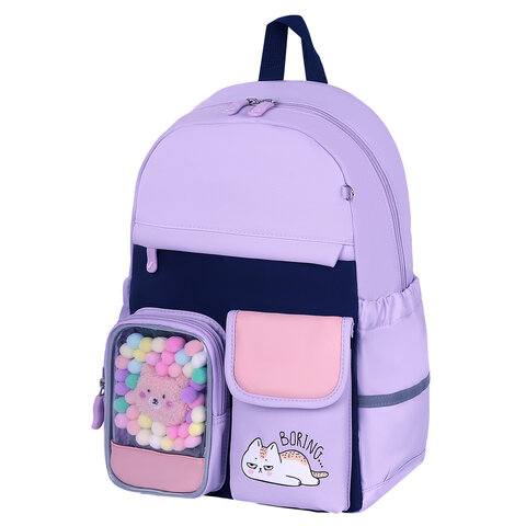 Рюкзак BRAUBERG PASTEL с термонашивками в комплекте, "Lazy cat", сиреневый, 40х29х14 см, 271422