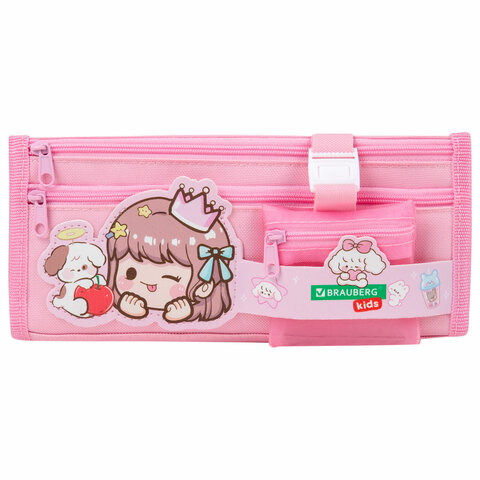 Пенал мягкий BRAUBERG KIDS, 3 отделения, кармашек на карабине, полиэстер, "Sweet friends", 22х10х7 см, 273558