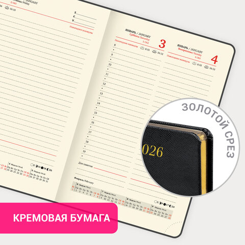 Ежедневник датированный 2026, МАЛЫЙ ФОРМАТ 100х150 мм, А6, BRAUBERG "Iguana", под кожу, черный, 117252