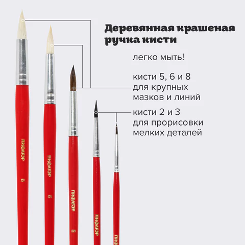 Кисти ПИФАГОР, набор 5 шт. (БЕЛКА: круглая № 3; КОЗА: круглые № 6, 8; ПОНИ: круглые № 2, 5), пакет с европодвесом, 200231