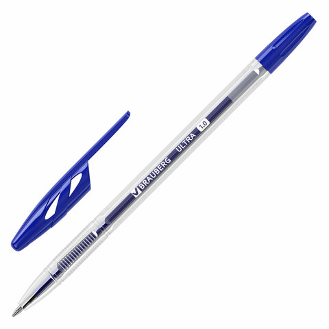 Ручки шариковые BRAUBERG "ULTRA", СИНИЕ, НАБОР 10 штук, корпус прозрачный, узел 1 мм, 143570