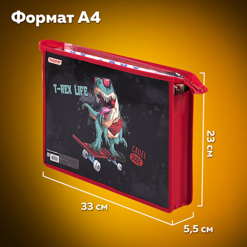 Папка для тетрадей ПИФАГОР А4, 1 отделение, картон/пластик, на молнии, "T-Rex Life", 271439
