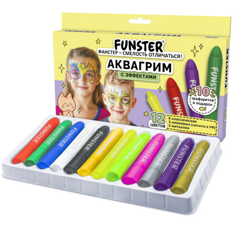 Аквагрим для лица и тела, 12 цветов (6 классических+3 неон+3 метал), 10 трафаретов, FUNSTER, 192575
