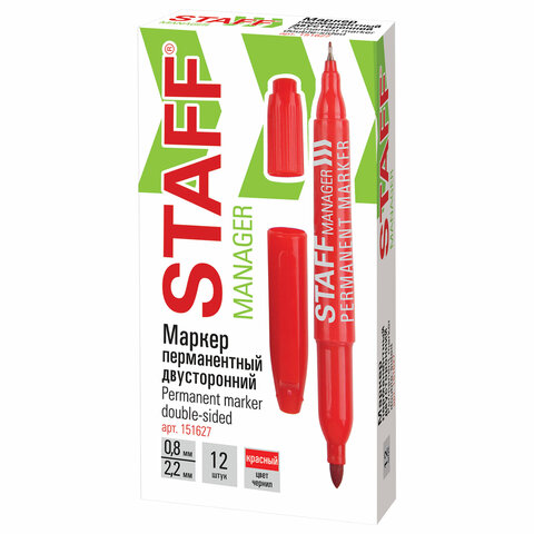 Маркер перманентный двусторонний STAFF "Manager" PM-625, КРАСНЫЙ, наконечники 0,8 мм/2,2 мм, 151627