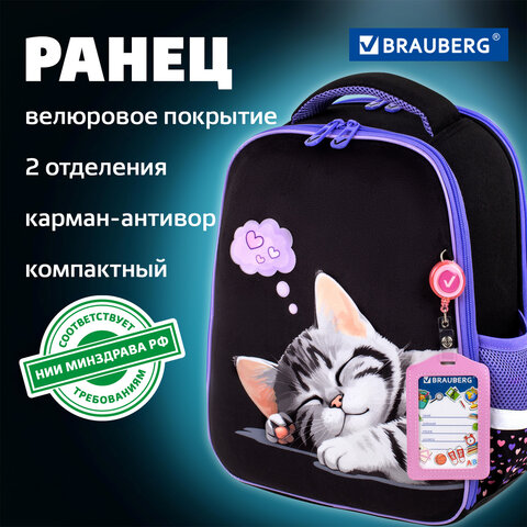 Ранец BRAUBERG FIT, 2 отделения, Sleeping kitten, велюровая панель, 38х27х14 см, 273107