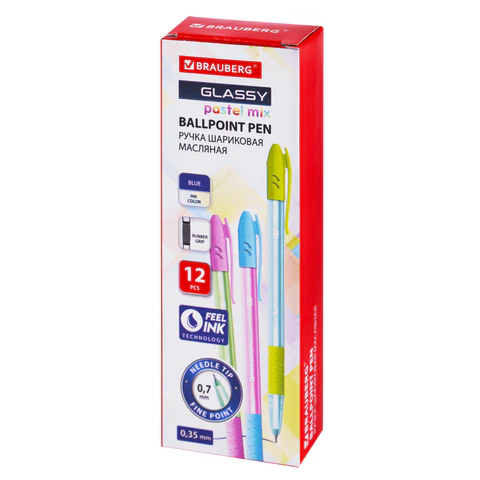Ручка шариковая масляная с грипом BRAUBERG GLASSY PASTEL MIX, СИНЯЯ, корпус ассорти, линия 0,35 мм,144105