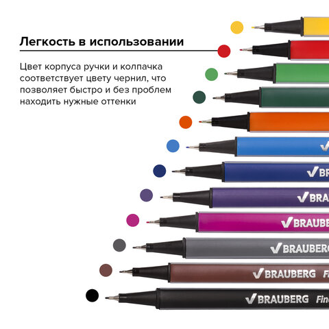 Набор капиллярных ручек (линеров) BRAUBERG 12 шт., АССОРТИ, "Aero", трехгранные, металлический наконечник, линия письма 0,4 мм, 141525