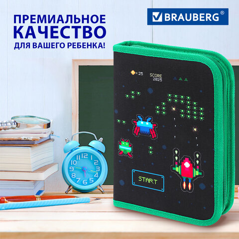 Пенал BRAUBERG с наполнением, 1 отделение, 1 откидная планка, 24 предмета, 21х14 см, "Space strike", 273534