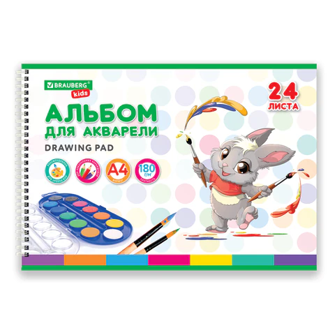 Альбом для акварели А4 24 л., бумага 180 г/м2, гребень, обложка картон, BRAUBERG KIDS, "Pets" (2 вида), 106712