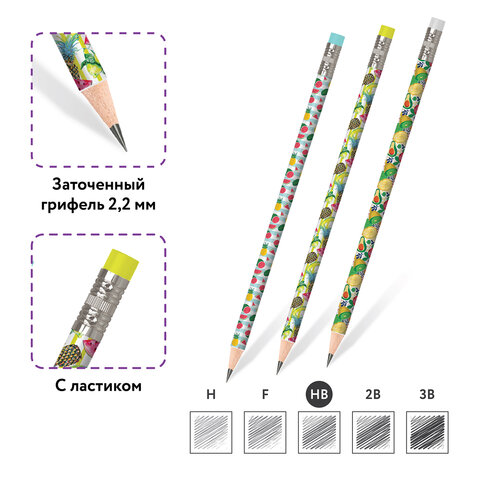 Карандаш чернографитный ЮНЛАНДИЯ "ФРУКТЫ", 1 шт., HB, с ластиком, корпус ассорти, 181777
