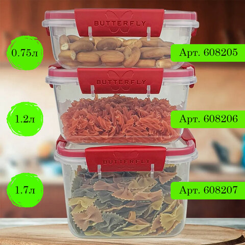 Контейнер с крышкой пищевой 1,2 л герметичный, BUTTERFLY, ланч бокс, 8,5х15,6х15,6 см, прозрачный, 4378459, 437845900