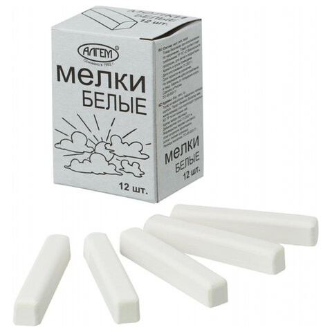 Мел белый квадратный 12 штук, АЛГЕМ, картонная упаковка, НМБ-12
