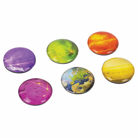 Магниты стеклянные 35 мм для досок магнитно-маркерных, НАБОР 6 шт., "3D Планеты", BRAUBERG Glass, круглые, блистер, 272517