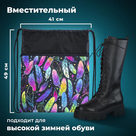 Мешок для обуви BRAUBERG БОЛЬШОЙ, с ручкой, карман на молнии, сетка, 49х41 см, "Feathers", 271057