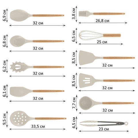 Набор силиконовых кухонных принадлежностей с деревянными ручками 12 в 1, молочный, DASWERK (ДАСВЕРК), 608193