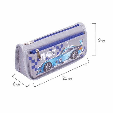 Пенал мягкий ЮНЛАНДИЯ, 2 отделения, полиэстер, "Car champion", серый, 21х6х9 см, 228983