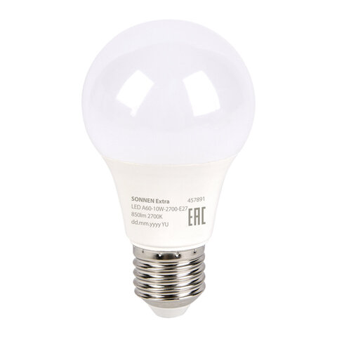 Лампа светодиодная SONNEN EXTRA, 10 (85) Вт, Е27, груша, теплый белый, 30000 ч, LED A60-10W-2700-Е27, 457891