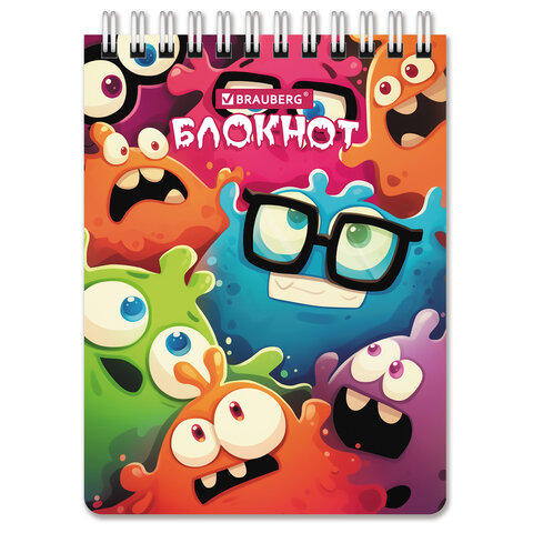 Блокнот МАЛЫЙ ФОРМАТ А6 97х145мм, 60л, гребень, картон, клетка, BRAUBERG МОНСТРИКИ, 116997
