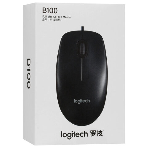 Мышь проводная LOGITECH B100, USB, 2 кнопки + 1 колесо-кнопка, оптическая, черная, 910-003357