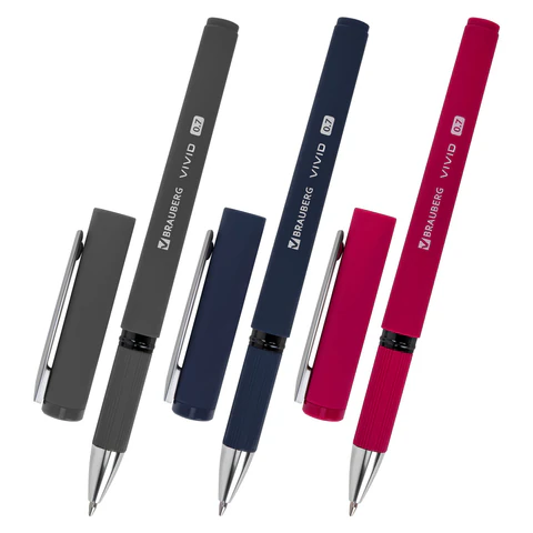 Ручки шариковые с грипом BRAUBERG "VIVID", НАБОР 3 ШТУКИ, СИНИЕ, SOFT TOUCH покрытие, узел 0,7 мм, линия письма 0,35 мм, 144401