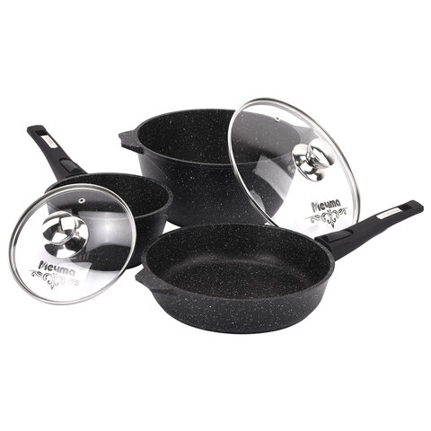 Набор посуды (сковорода 26 см, кастрюля 5 л, ковш 1,7 л, 2 съемных ручки, 2 крышки), МЕЧТА "Гранит Black", 001802