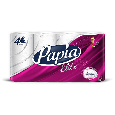 Бумага туалетная бытовая, спайка 8 шт., 4-слойная (8х14,8 м), PAPIA DELUXE/ELITE, белая, 50202823/502040