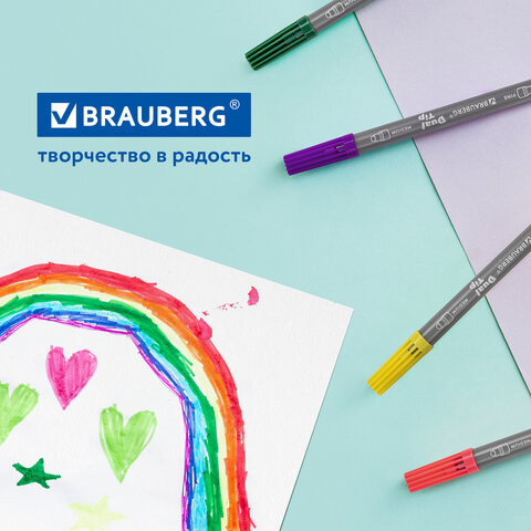 Фломастеры двусторонние BRAUBERG "PREMIUM" "DUAL-TIP", 10 шт., 10 цветов, два наконечника, картонная коробка с европодвесом, 151946