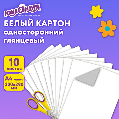 Картон белый А4 МЕЛОВАННЫЙ (белый оборот), 10 листов, в папке, ЮНЛАНДИЯ, 200х290 мм, "АКУЛА", 129569