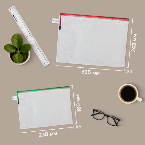 Папка-конверт СУПЕР КОМПЛЕКТ на молнии ПЛОТНЫЕ, 6 шт. (А4 - 2 шт., А5 - 4 шт.), сетчатая, BRAUBERG, 271347